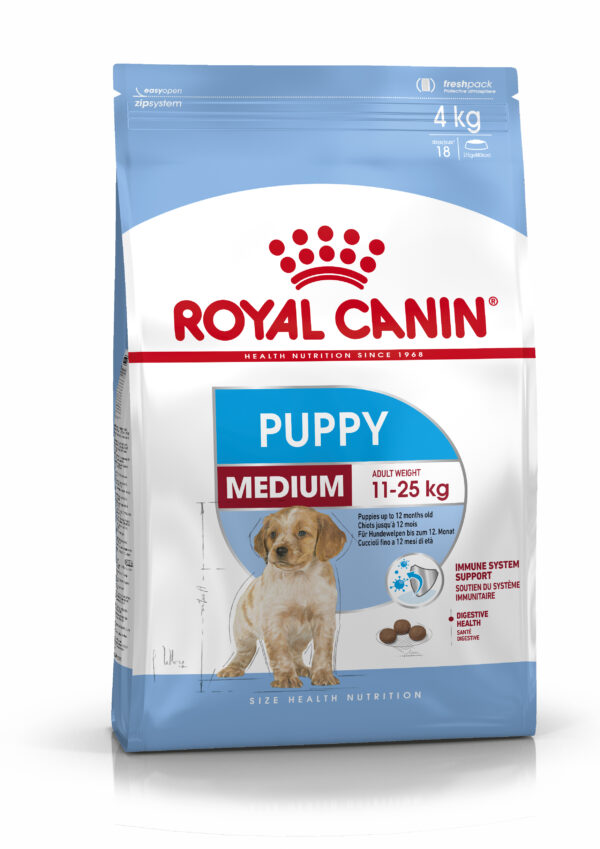 PACKSHOT-PUPPY-MEDIUM_SHN17 СУХА ХРАНА ЗА ПОДРАСТВАЩИ КУЧЕНЦА от 2- до 12-месечна възраст ROYAL CANIN® MEDIUM PUPPY