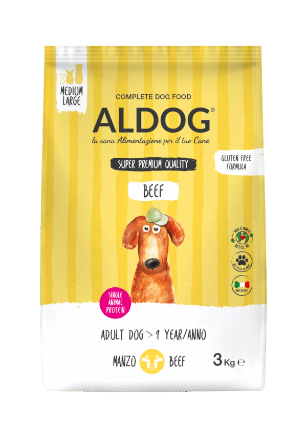Aldog_BEEF_3kg_ML_fronte Aldog Beef Medium/Large - безглутенова, суперпремиум формула с телешко и ориз