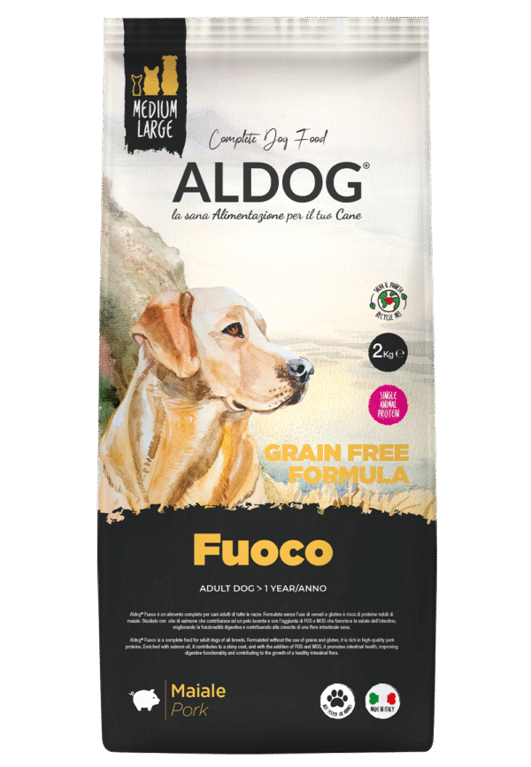 Aldog_Grain Free_FUOCO_2kg_ML_fronte Aldog Grain Free Adult Medium/Large FUOCO - беззърнена храна със свинско
