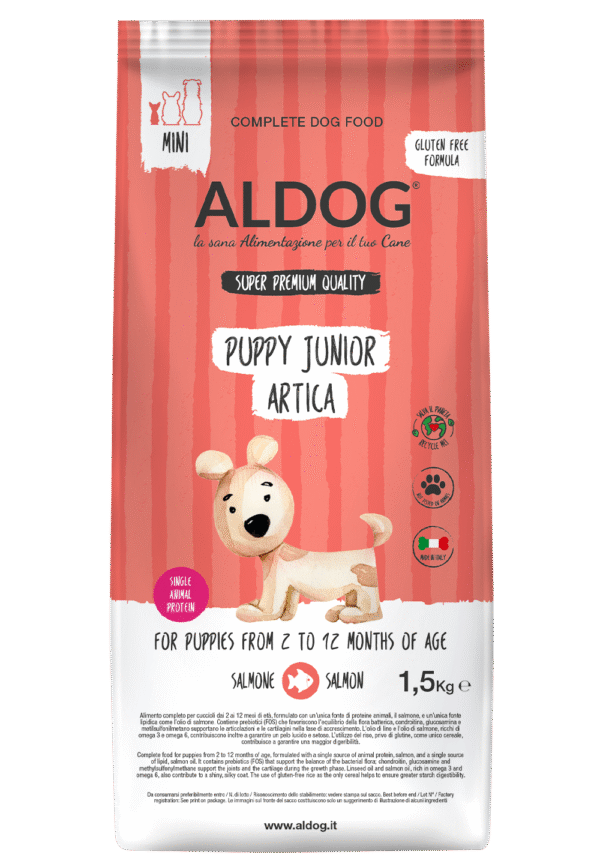 Aldog_PJ ARTICA_1,5kg_S_fronte Aldog Puppy/Junior Arctica Mini - безглутенова, суперпремиум формула за подрастващи кученца. Сьомга и ориз