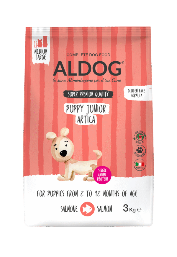 Aldog_PJ ARTICA_3kg_ML_fronte_FINTO Aldog Puppy/Junior Arctica Mini - безглутенова, суперпремиум формула за подрастващи кученца. Сьомга и ориз