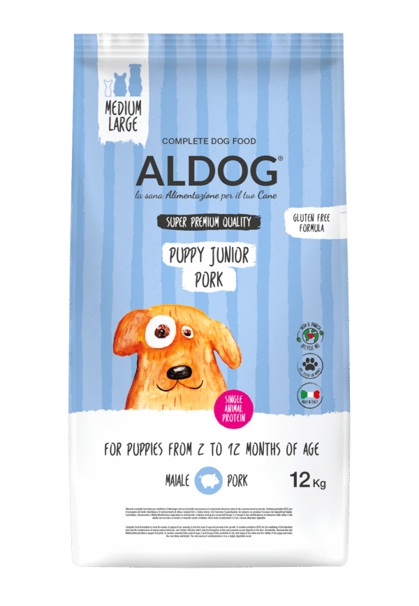 Aldog_PJ PORK_12kg_ML_fronte Aldog Puppy/Junior Pork Medium/Large - безглутенова, суперпремиум формула за подрастващи кученца. Свинско и ориз