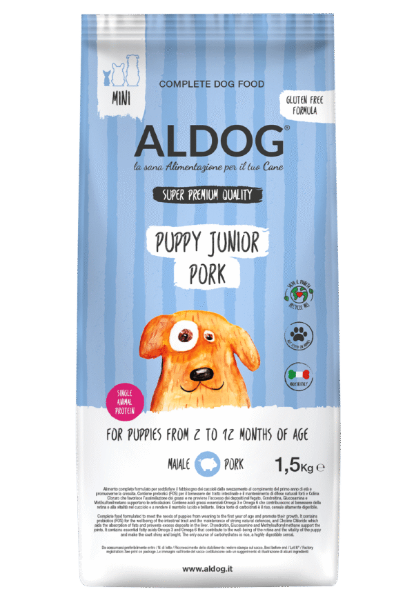 Aldog Puppy/Junior Pork Mini - безглутенова, суперпремиум формула за подрастващи кученца. Свинско и ориз.