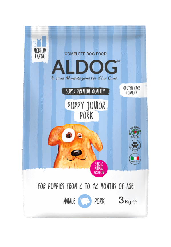 Aldog_PJ PORK_3kg_ML_fronte Aldog Puppy/Junior Pork Medium/Large - безглутенова, суперпремиум формула за подрастващи кученца. Свинско и ориз